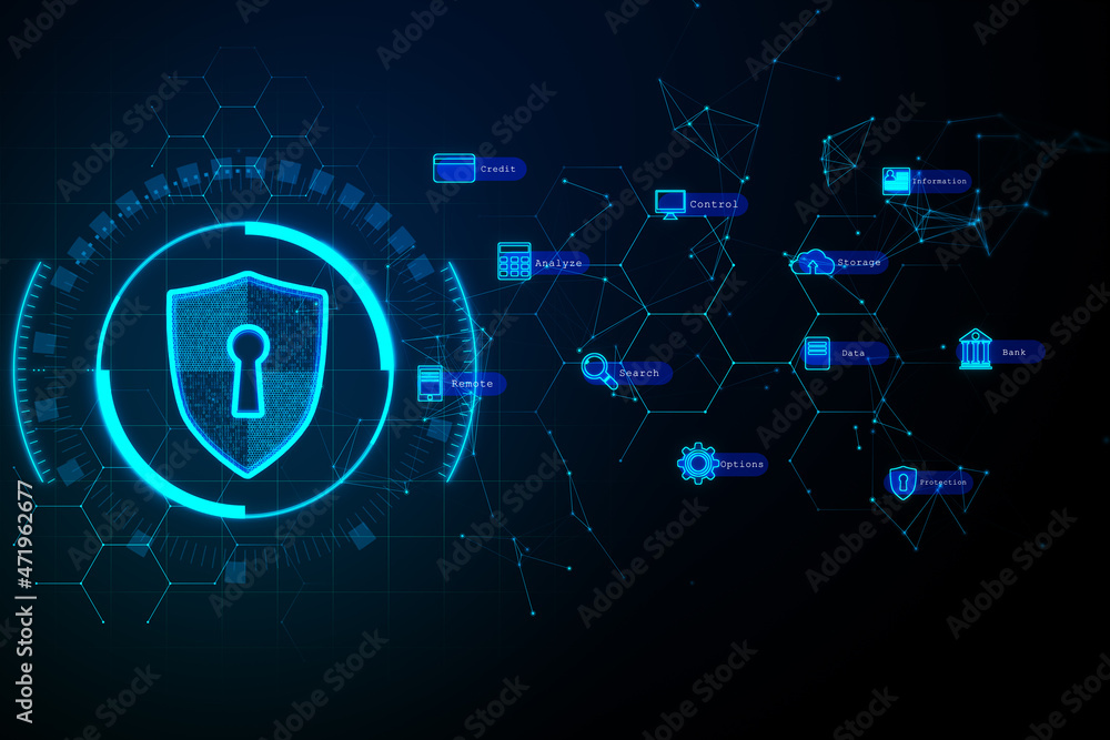 Poster abstract digital padlock interface on blurry dark background. safety, protection, virtual informatio