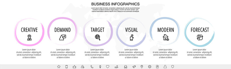 Drawn vector line infographics with 6 circles and icons. Flat chart process template with six steps. Sketch timeline for business project, presentation, web, diagram