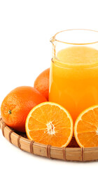 orange juice in glass and orange on white background