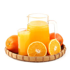 orange juice in glass and orange on white background