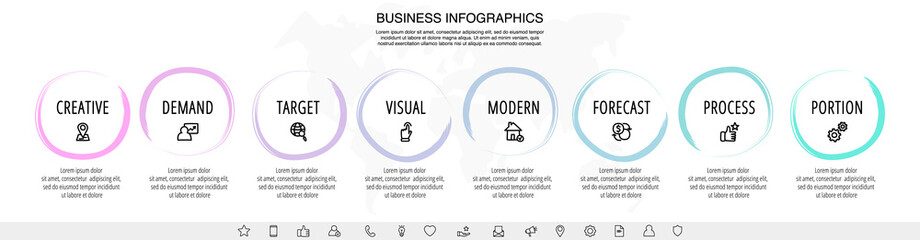 Drawn vector line infographics with 8 circles and icons. Flat chart process template with eight steps. Sketch timeline for business project, presentation, web, diagram