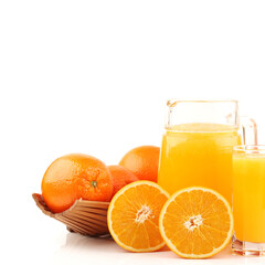 orange juice in glass and orange on white background
