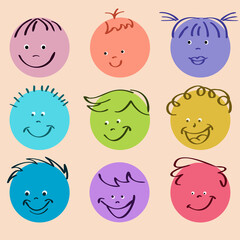 Big set colored comic faces with various joyful emotions.