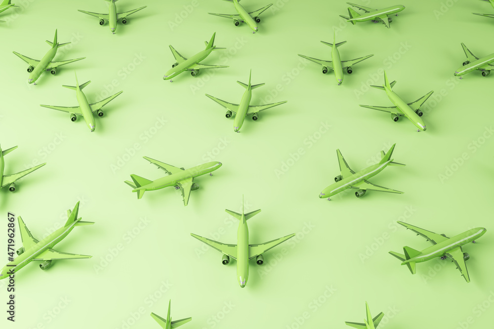 Poster abstract image of airplanes on green backdrop. travel and landing page concept. 3d rendering.