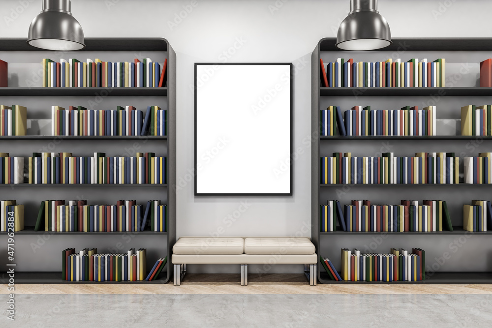 Poster modern library interior with bookcase, bench and mock up poster on wall. 3d rendering.