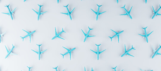 Panoramic image of blue airplanes on white background. Travel and landing page concept. 3D Rendering.