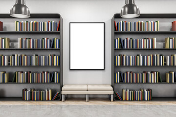 Modern library interior with bookcase, bench and mock up poster on wall. 3D Rendering. - obrazy, fototapety, plakaty