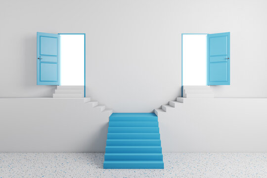 Abstract blue staircase with two open doors in concrete interior. Success, way and opportunity concept. 3D Rendering.