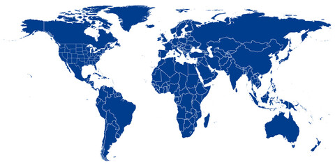 Fototapeta na wymiar World Map vector. Blue similar world map blank vector on white background. Blue similar world map with borders of all countries and States of USA map. High quality world map. EPS10.