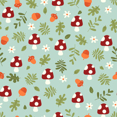 Seamless pattern with red mushrooms