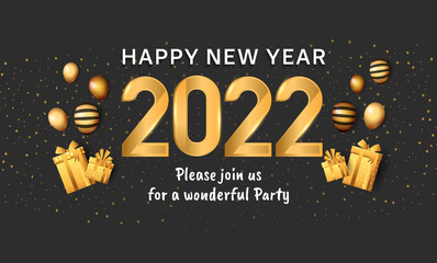 happy new year 2022 golden number with party element isolated on black background