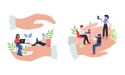 Tiny Man and Woman Office Employee Working in Giant Hand Vector Set