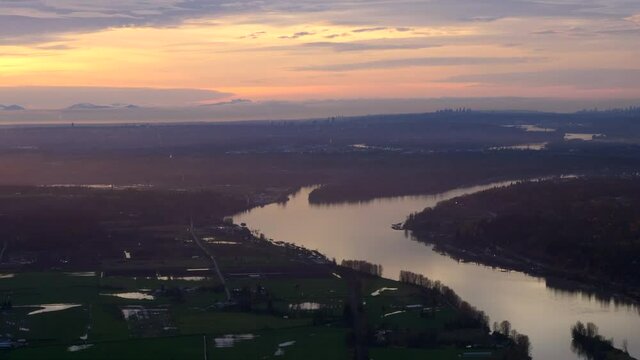 Canadian Floods in November 2021, Aerial Shot, Landscape, Sunset Sky.