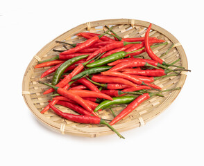 Red and green  Chili pepper in basket  on on white background, Red and green pepper on white background.