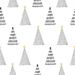 Christmas tree in doodle style seamless pattern on white background. Vector stock illustration