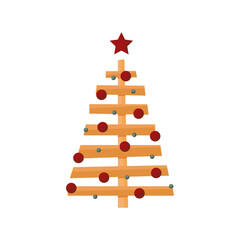 Christmas tree with toys isolated in flat style made of wood. Vector stock illustration