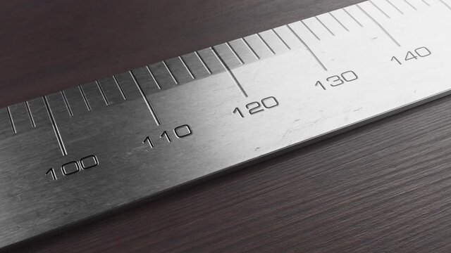 A 4K close up pan along a section of a steel woodworking ruler with indented measurements resting on a dark wooden surface