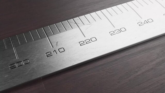 A 4K close up pan along a section of a steel woodworking ruler with indented measurements resting on a dark wooden surface