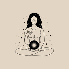 Mystical composition with girl in lotus position and luminous ball. Vector illustration in a trendy minimalist style. Modern art for printing posters, t-shirt  for social media post and stories. - obrazy, fototapety, plakaty