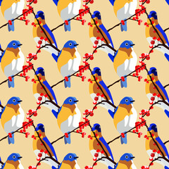 vector illustration on a floral motive. the beginning of spring. image of birds on a branch. seamless pattern. Ideal for poster, cover or postcard printing.