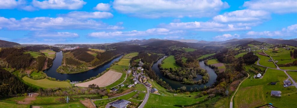 Aerial view of the meanders of the Navia river.