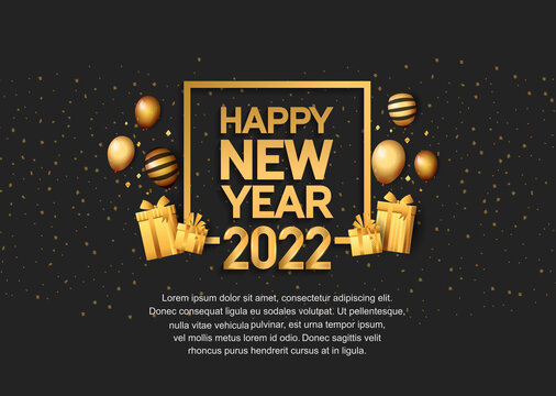 happy new year 2022 golden number in square with party element isolated on black background