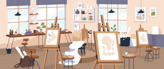 Fine art studio interior. Artists workshop with easels, canvas, pictures, paints and brushes. Panorama of creative class. Painters room with tools and supplies. Flat vector illustration of workroom