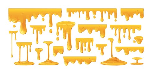 Honey flowing and dripping set. Maple syrup, caramel and sweet sugar sauce melting and leaking. Sticky amber liquids, drops and fluids. Colored flat vector illustrations isolated on white background