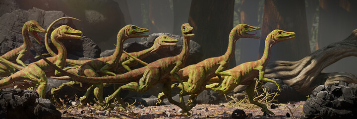 Compsognathus longipes in the forest, group of dinosaurs from the Late Jurassic period