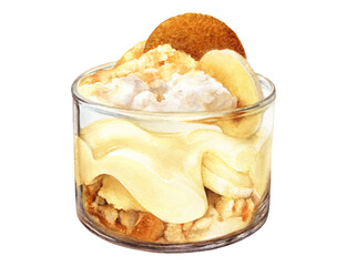 Banana cream dessert watercolor illustration isolated on white background