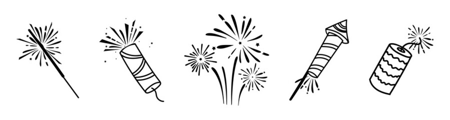 Obraz premium Firecrackers sparklers rocket launchers festive Christmas and New Year paraphernalia. Vector