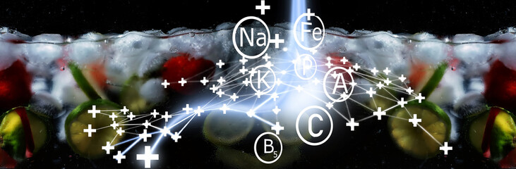 Water drops on ripe sweet fruits and berry. Fresh fruits background with copy space for your text. Vegan concept.