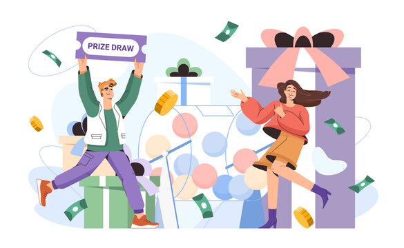 Prize Draw Vector Flat Illustration. Lucky Girl Winning Prizes Gift Box And Money Prize In Gambling Game. Happy Winner Woman Near Raffle Drum With Lottery Balls. Luck Or Fortune Concept With Character