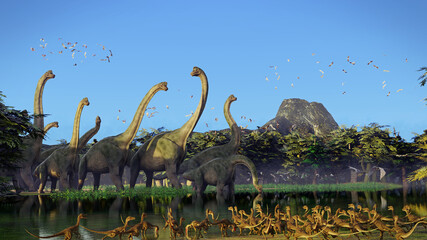 Dinosaurs at the river at sunrise, groups of Brachiosaurus, Compsognathus and Pterosaurs in a Late Jurassic landscape © dottedyeti