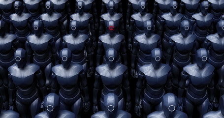 Robot Army Marching Slowly. Abstract Concept. Technology Related Abstract 3D Illustration Render.
