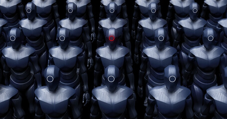 Group Of Metal High Tech Warrior Robots Walking Slowly. Technology Related Abstract 3D Illustration Render.