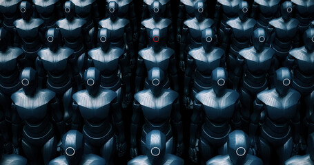 Alien Robot Army Marching Slowly. Invading Earth. Technology Related Abstract 3D Illustration Render.