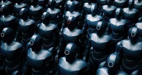 Robots Marching Slowly. Their Leader Is In The Center. Tech War Scene. Technology Related Abstract 3D Illustration Render.