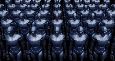 High Tech Advanced AI Robot Army Marching Slowly. Technology Related Abstract 3D Illustration Render.