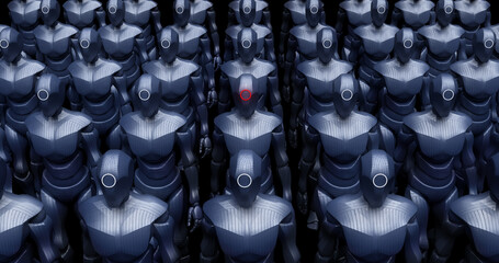 Super Powerful Cyborg Robot Army Slowly Marching. Ready For War. Technology Related Abstract 3D Illustration Render.
