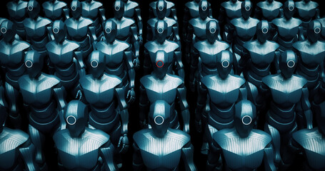AI Warrior Robot Army Walking Slowly. Invading Earth. Abstract Concept. Technology Related Abstract 3D Illustration Render.