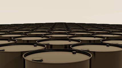 Black barrels of crude oil with labels for oil industry, energy, finance and economy in background