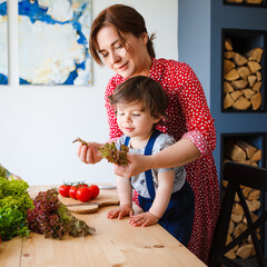 Mom and sons are cook vegetarian food in a stylish kitchen.