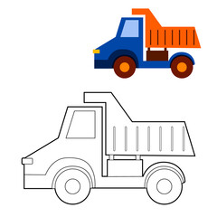 coloring book, color on the model of a children's cartoon car dump truck. vector isolated on a white background.