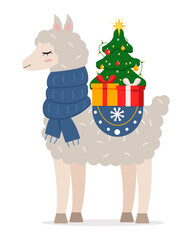 Cute, cartoon llama or alpaca in a blue scarf with gift boxes and a Christmas tree with garlands. Design element for greeting cards. New Year, Christmas. Vector illustration in flat style