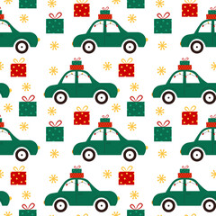 Car with gifts decorated with garlands. Seamless pattern. Can be used for wallpaper, fill web page background, surface textures