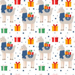 Cute, cartoon llama or alpaca in a blue scarf with gift boxes. Seamless pattern. Can be used for wallpaper, filling the background of a web page, surface texture