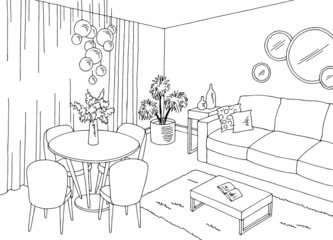 Dining room graphic black white home interior sketch illustration vector 