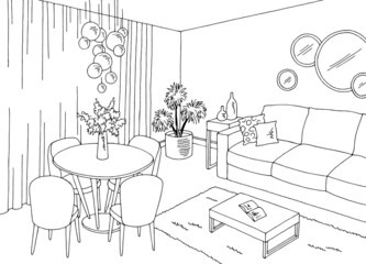 Fototapeta premium Dining room graphic black white home interior sketch illustration vector 
