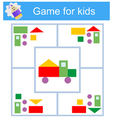 Education logic game for kids. Connect the details and geometric shapes. Preschool worksheet activity. 